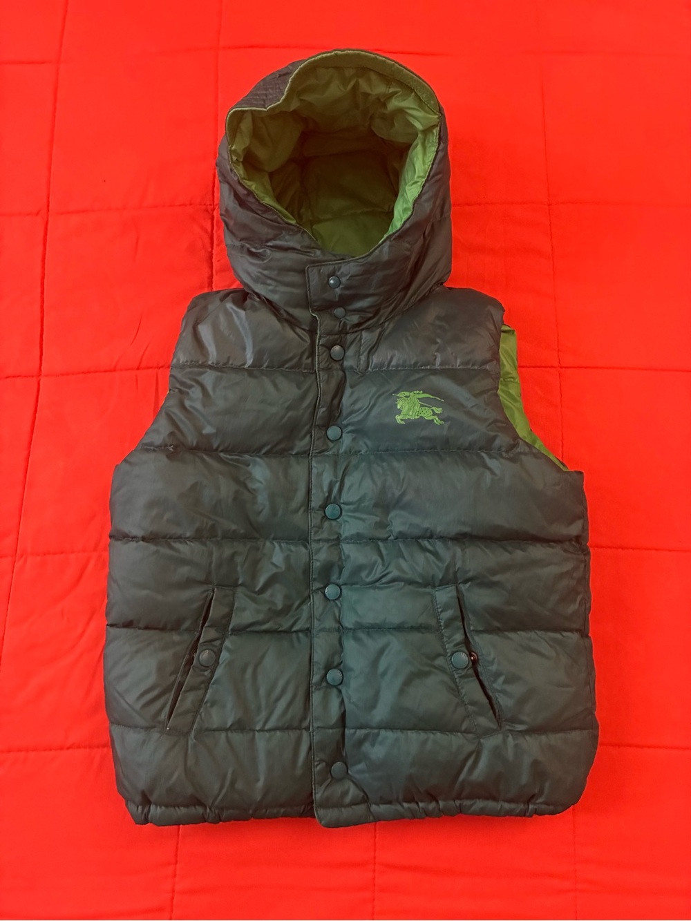 BURBERRY Hoodie Kids 8Y Green Down-filled Hooded Logo Reversible Vest